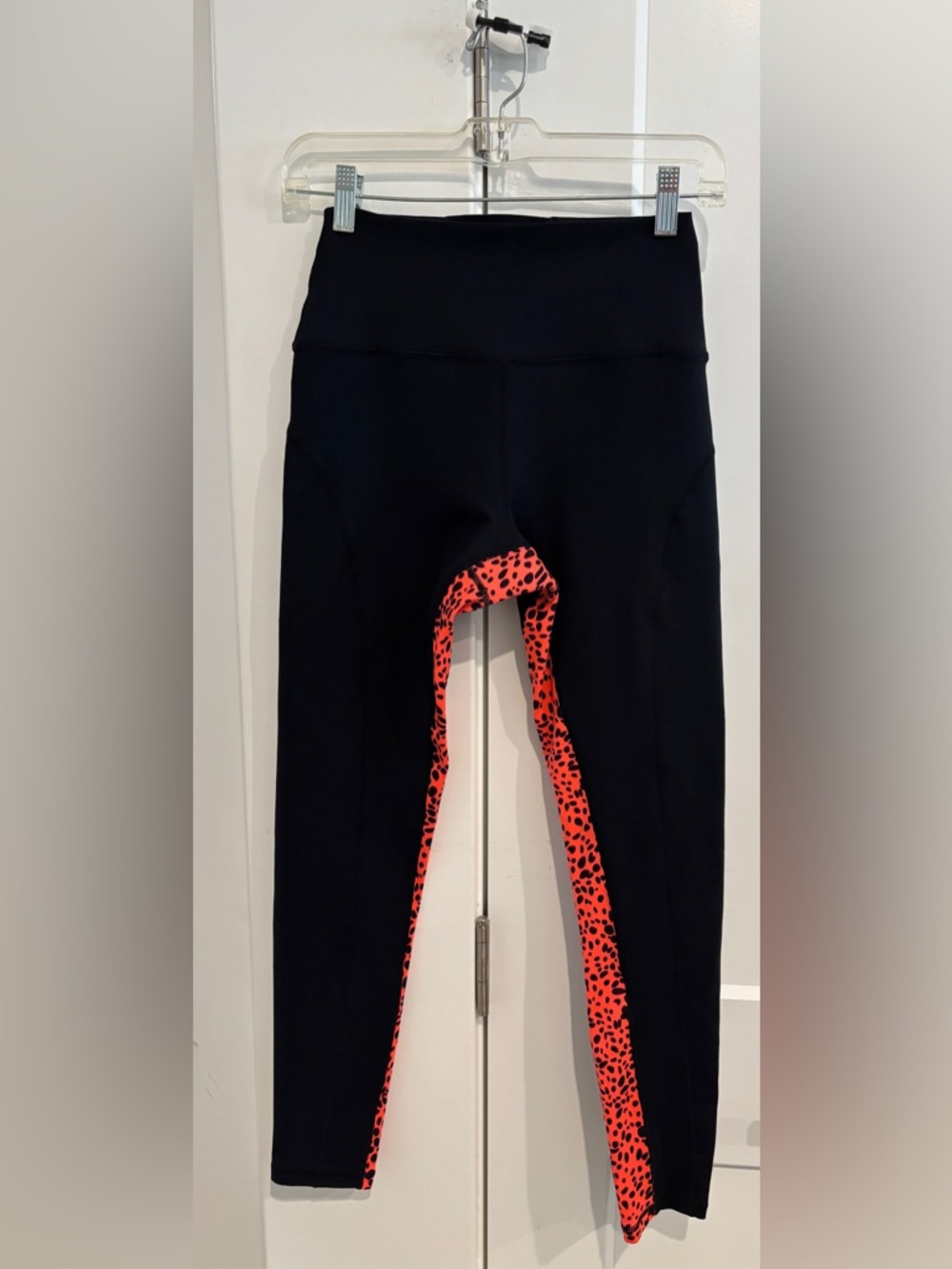 Glyder Black Leggings with Neon Coral Leopard Trim. Size S